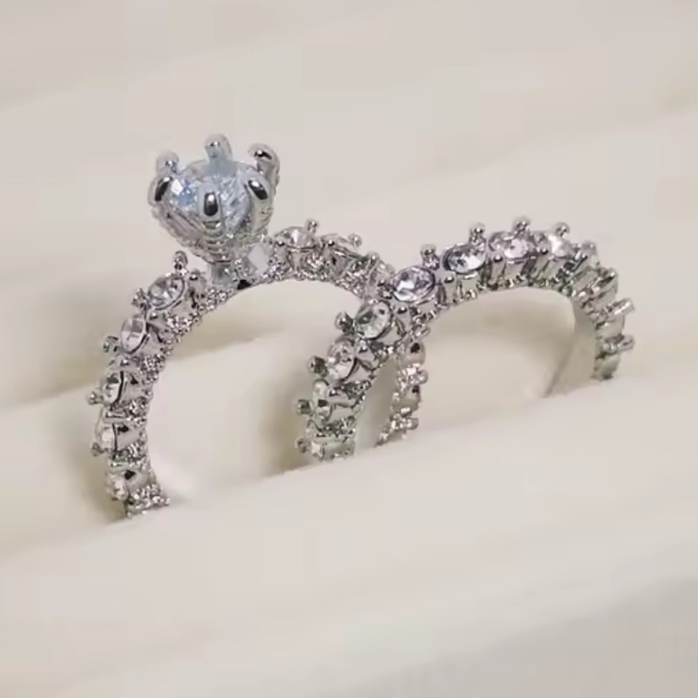 Anthropologie Luxury Crystal Wedding Ring Silver Women's Ring Set - Picture 1 of 8